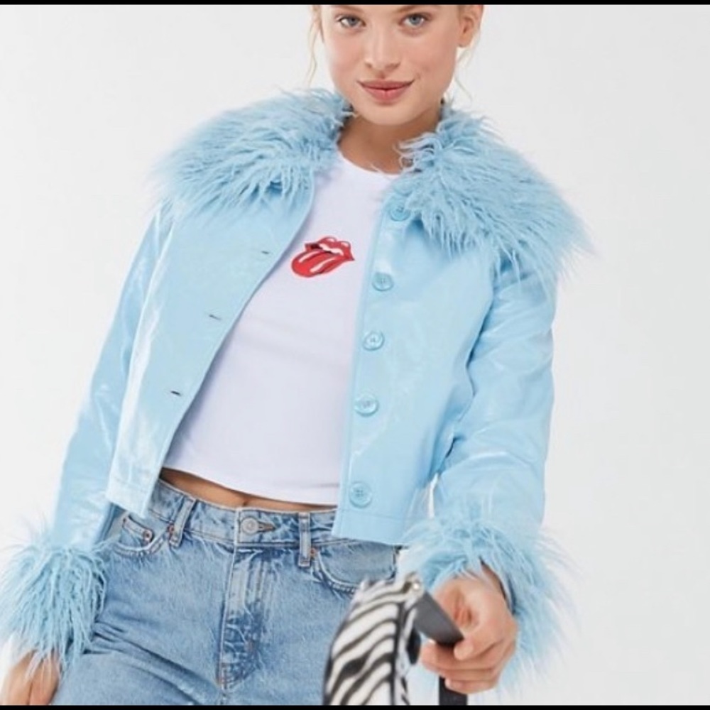 ISO UO Mia Pleather Faux Fur Trim Jacket Baby Blue